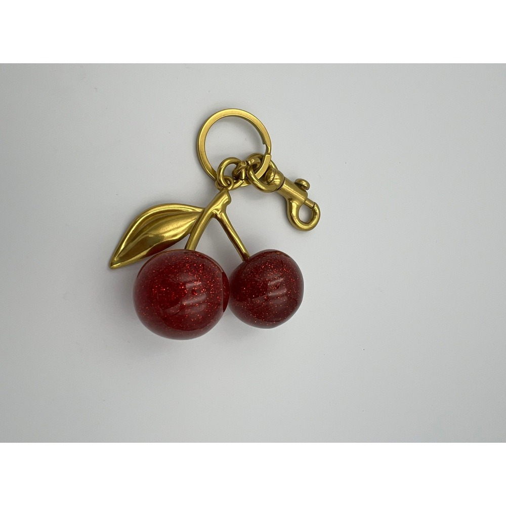 Red Cherry Bag Charm Keychain Glitter Resin Metal Brass Purse Decor Novelty